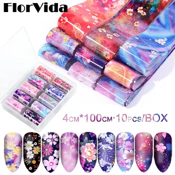 

FlorVida 4*120cm 10pcs Flowers Foils Transfer Nail Art Stickers Kit Boxed Lace Pattern For Manicure Set Halloween Christmas Tips