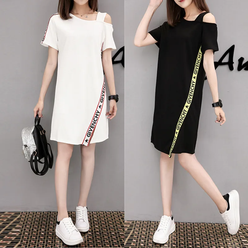 

Omighty Summer New Style Dress Professional All-match Exposed Shoulder Dress Loose Midi Irregular Short-Sleeve Dress