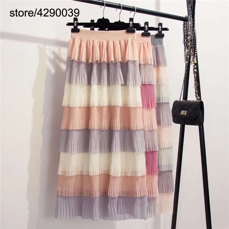 Многослойная шифоновая юбка-пачка радужной расцветки в Корейском стиле; летняя Милая многослойная плиссированная юбка; юбки феи
