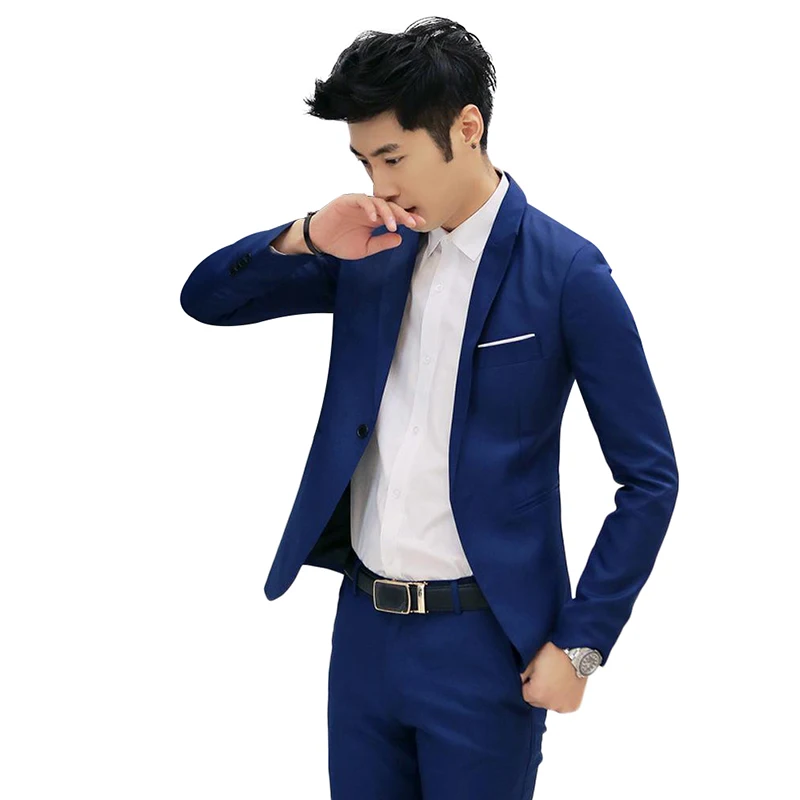 Мужской костюм на одной пуговице, костюм для досуга, корейский приталенный Повседневный Блейзер, Одноцветный мужской модный уличный пиджак с зубчатым воротником из полиэстера