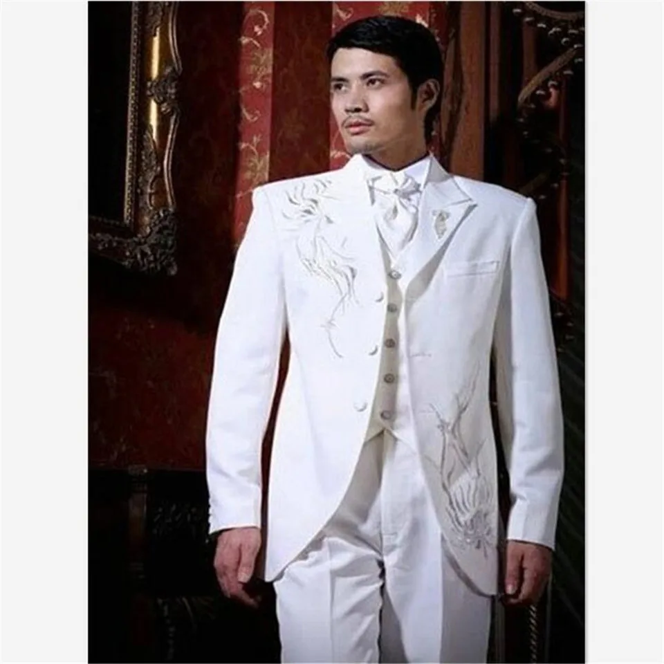 Классический Стильный белый мужской костюм с вышивкой, смокинги для жениха, Женихи, мужские костюмы для свадьбы, выпускного, официальные костюмы, комплекты(пиджак+ брюки+ жилет