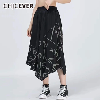 

CHICEVER Patchwork Print Women's Skirt High Waist Pockets Loose Asymmetric Hit Color Midi Summer Skirts Female Korean 2020 Tide