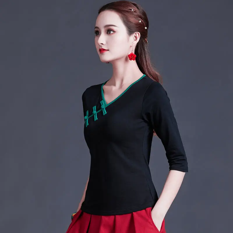 Cheongsam Women's Plus Size Short Tops Summer Cotton Blend Button Splicing Cheongsam Slim fit Chinese Qipao Shirts Woman