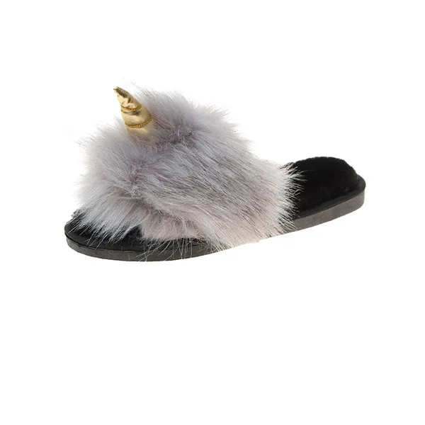 COOTELILI Winter Women Home Slippers with Faux Fur Fashion Warm Shoes Woman Slip on Flats Female Slides Black Christmas Gift - Цвет: Серый