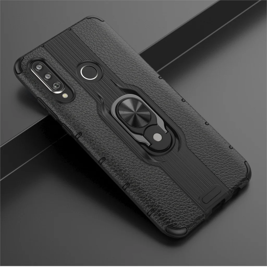 Задняя крышка для huawei P30 lite роскошное тонкое кольцо Кронштейн против отпечатков пальцев амортизация силиконовый+ кожаный чехол для ноутбука - Цвет: black