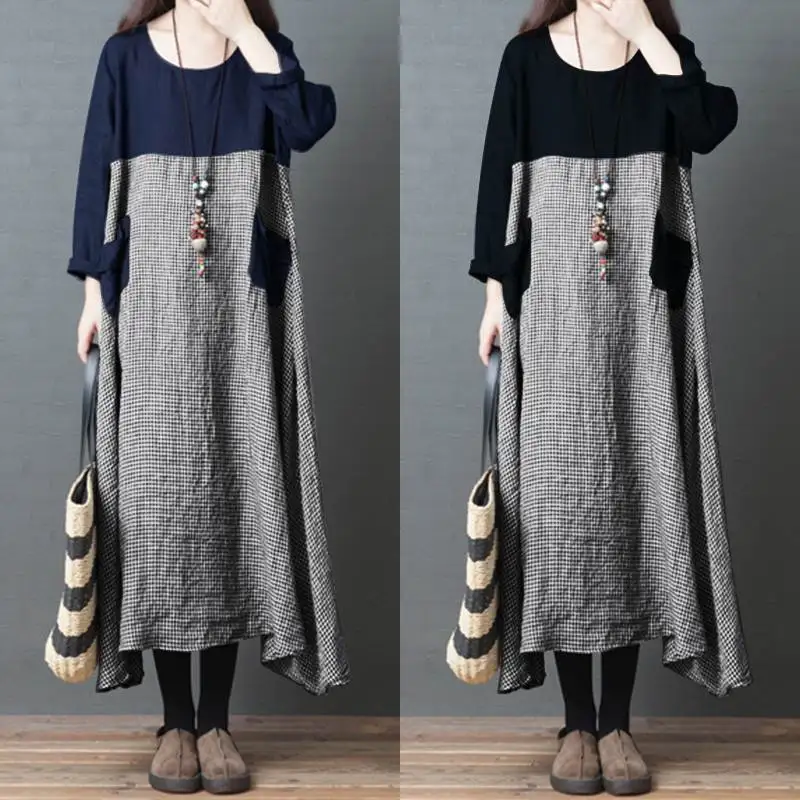 ZANZEA, женское платье, осень, пэчворк, до середины икры, Vestidos, хлопок, лен, длинный рукав, сарафан, клетчатая клетка, халат для женщин размера плюс