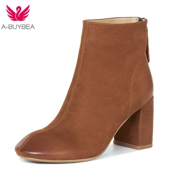 

Genuine Leather Ankle Boots for Women Back Zipper High Heels Shoes Woman Autumn Winter Western Boots Thick Heels Ladies Shoes