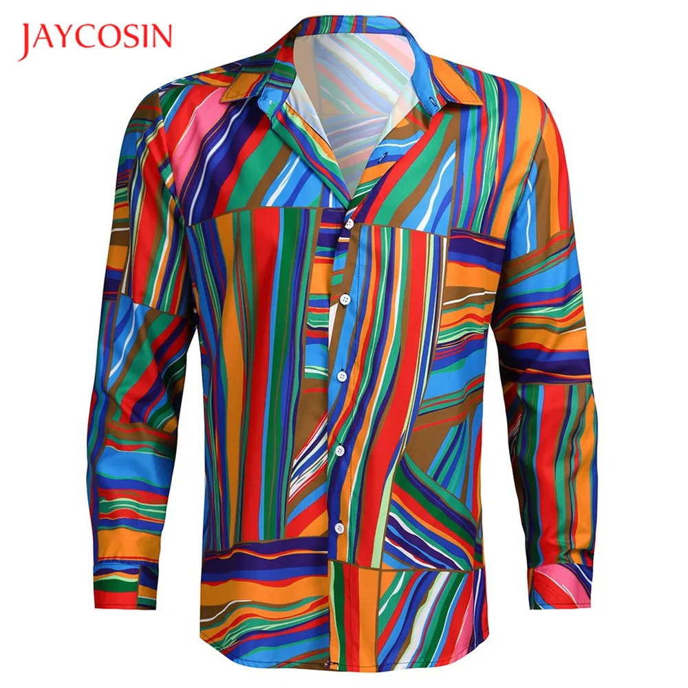 Joycosin, зимняя мужская рубашка, повседневная мужская одежда, цветная полоска, принт, длинный рукав, лацканы, мужская рубашка на пуговицах, уличная мода, топы