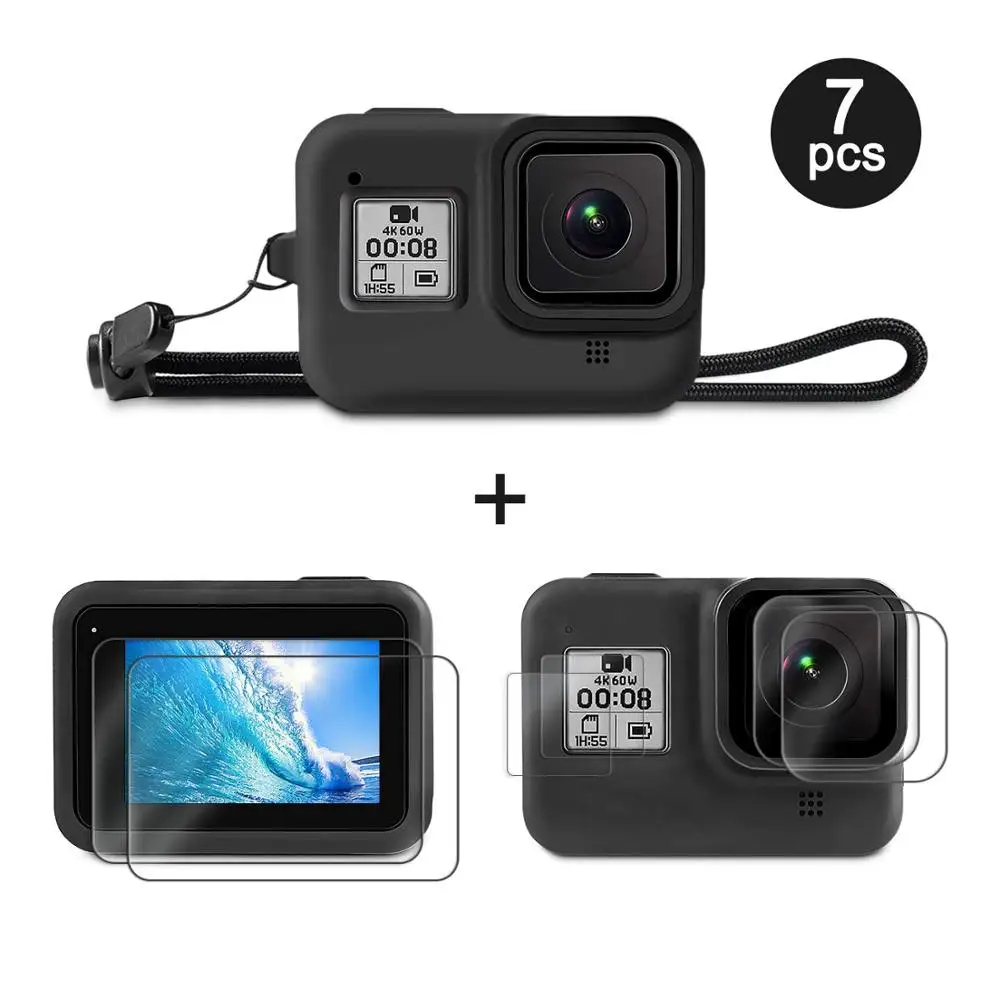 Go Pro Набор аксессуаров для GoPro Hero 8 с силиконовым резиновым защитным чехлом+ 4 шт закаленное стекло экрана+ 2 шт Защита объектива