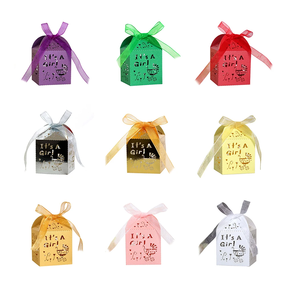 

50PCS Laser Cut Candy Box "Its a Girl&It's a Boy" Gift Box With Ribbon Wedding Baby Shower Birthday Party Decoration Supplies