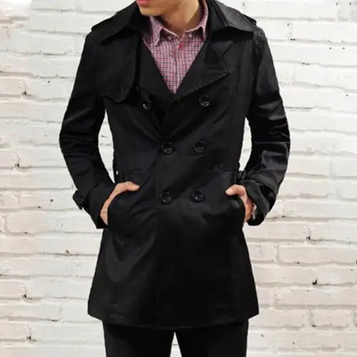 Однотонный двубортный Тренч в британском стиле; зимняя теплая Вельветовая куртка в деловом стиле; ; пальто - Цвет: Черный