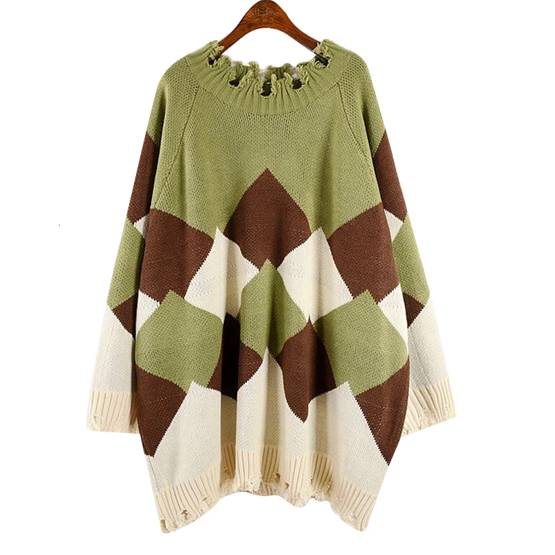 New Fashion Autumn Winter Round Neck Long Sleeve Geometric Printed Pullover Loose Knitting Sweater Women N754 - Цвет: green