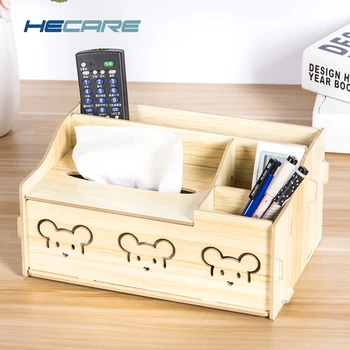 

HECARE Wooden Tissue Box Cover Lovely Bear Pattern Tissue Holder Table Wood with Storage Box for Remote Control 2019 New Arrival
