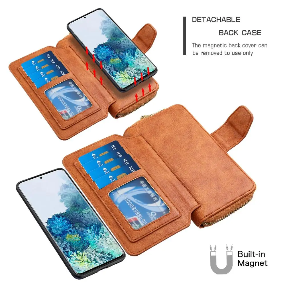 Роскошный кожаный кошелек на молнии чехол Магнитный съемный для Samsung S20 S10 Note 10 Plus