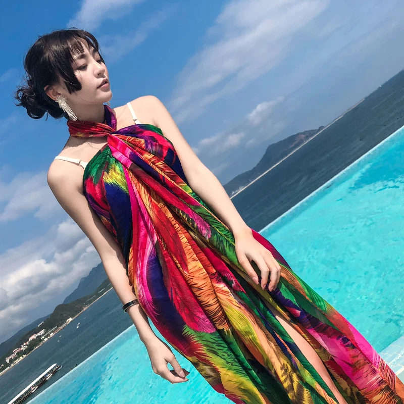 Silk scarf female summer sunscreen beach towel bohemian shawl scarf dual-use wild beach large can be used as a skirtdress