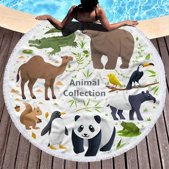 

SOFTBATFY Cute Animal Elephant Panda Lion Beach Terry Round Beach Towel with Tassel Dropshipping