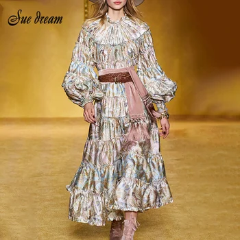 

Print O-neck Lantern Long Sleeve High Waist Draped Patchwork Retro Midi Dress Female Club Party Runway Dress 2020 New