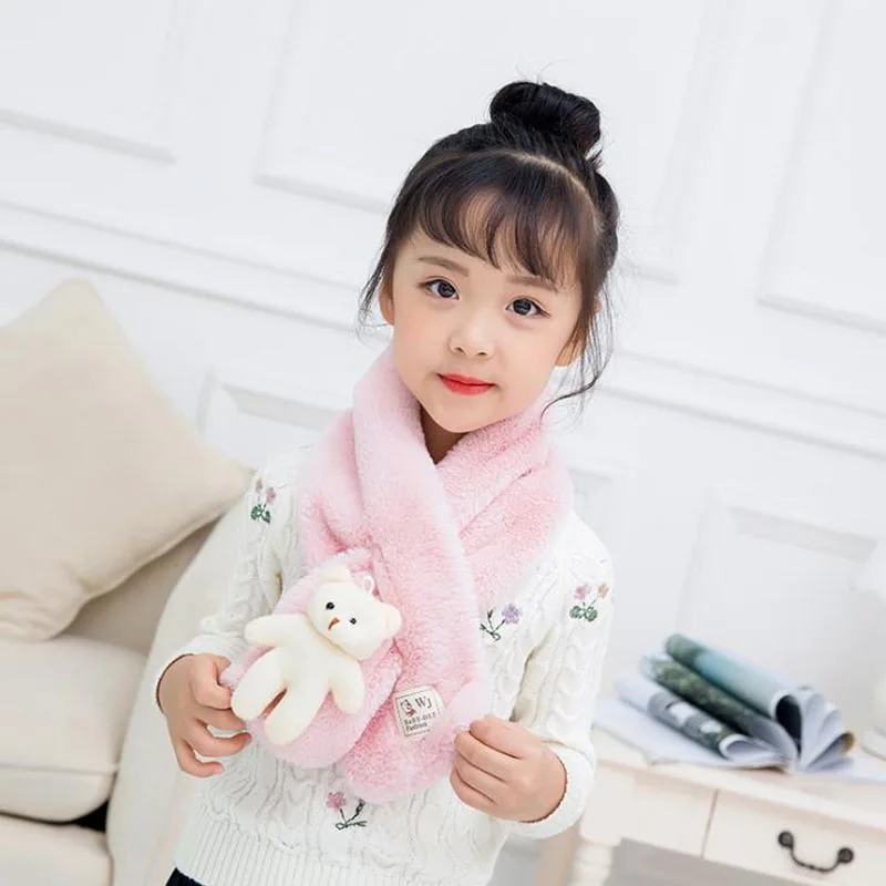 H01 Pink Calymel/Зимний милый детский шарф, шарфы для мальчиков и девочек, детский шарф с воротником из искусственного меха кролика, теплый шарф с медвежонком, подарок - Цвет: H01 Pink