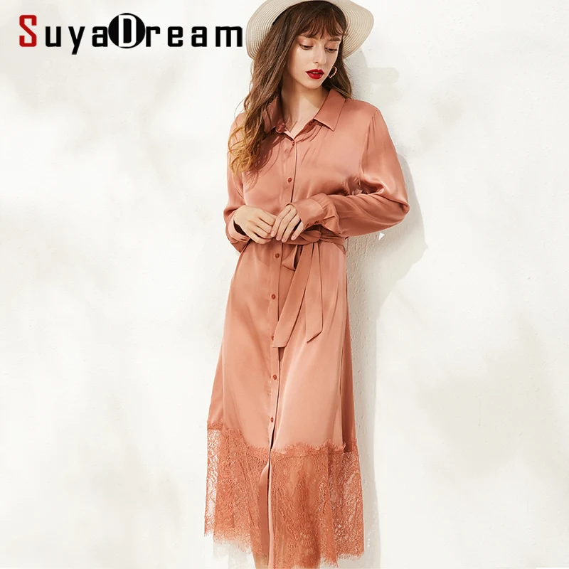

SuyaDream Lace Bottom Belted Long Dress 100%Silk Office Lady Long Sleeved Turn Down Collar Silk Dresses 2019 Autumn Solid Dress