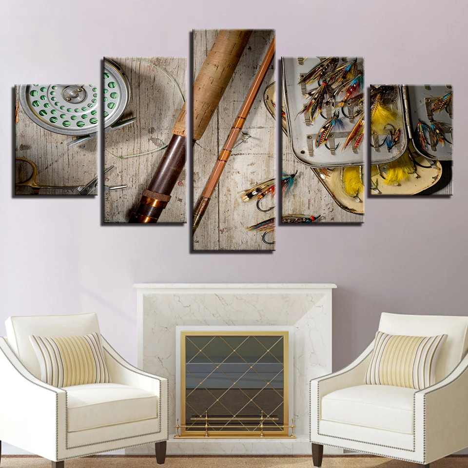Modern HD Printing Art Framework Decoration For Living Room Wall 5 Pieces Fishing Tools Paintings Poster Modular Canvas Pictures | Дом и сад
