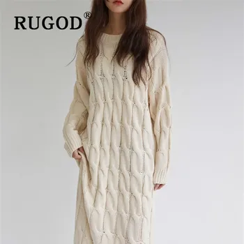 

RUGOD Chic Simplee Retro Korean Knitted Maxi Dress Twist Pattern Solid Full Sleeves Top For Women Knitwear Casual Ladies Dresses