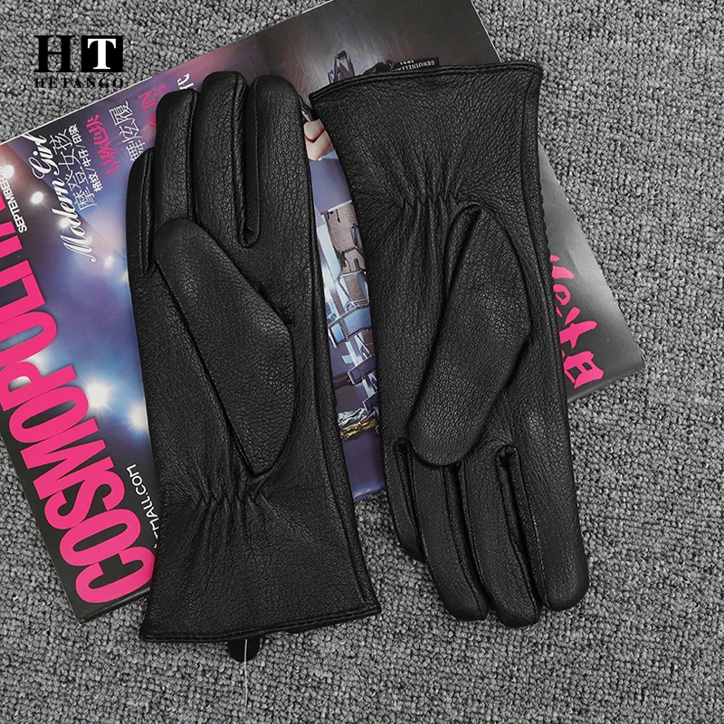 New Winter Women Gloves Leather Warm Soft Wear-Resistant Wool Lining Touch Screen Function Fashion Rivet Clasp Deerskin Gloves