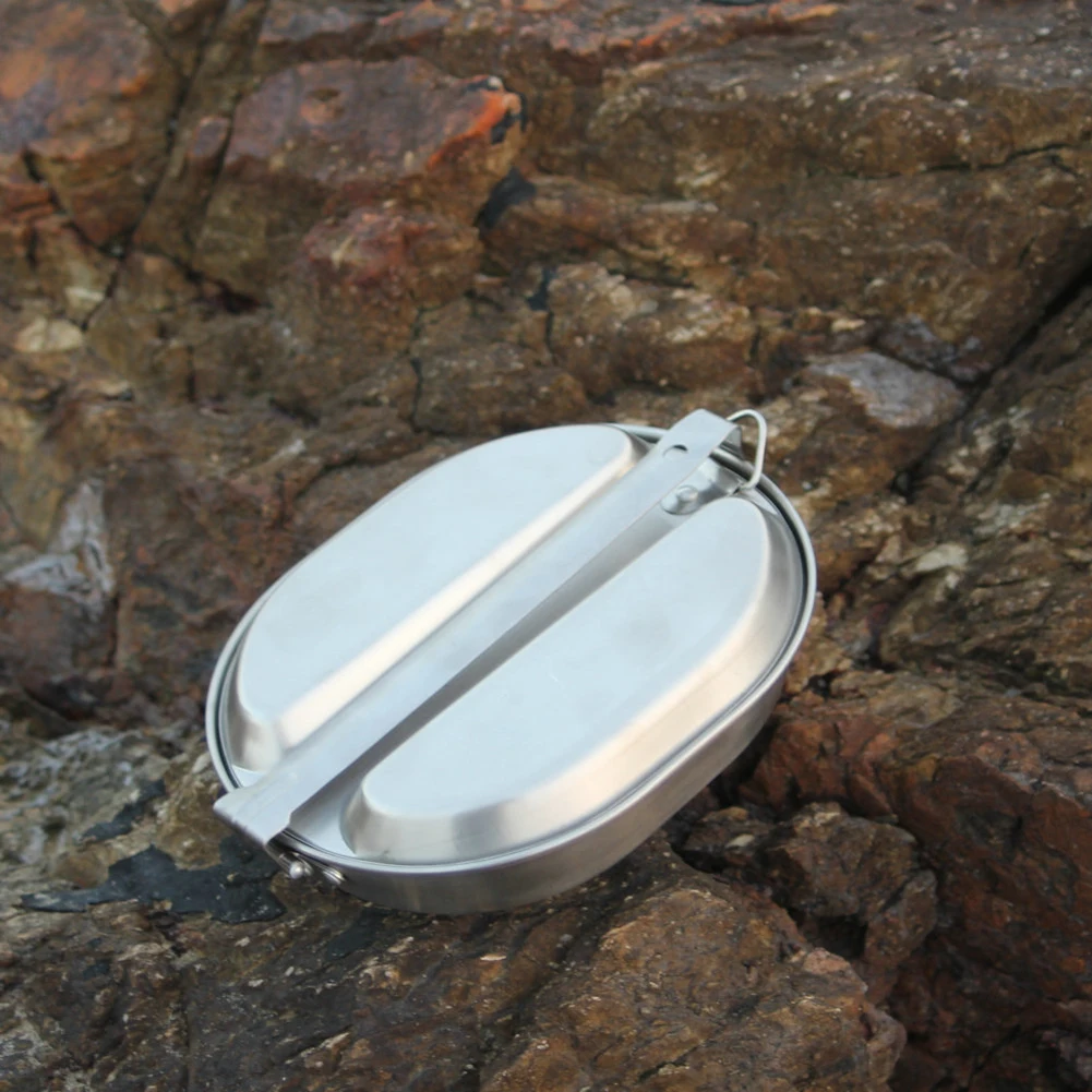 

Outdoor Easy Clean School Rustproof Camping Lunch Box Portable Long Handle Oval Shape Stainless Steel Students Smooth Hiking