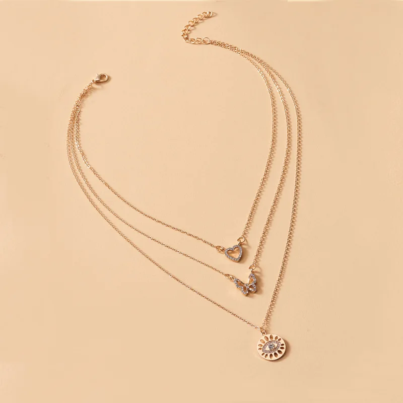 Fashion Three-layer Love Butterfly Necklace Demon Eye Crystal Necklace Female Red Wine Glass Pendant Necklace for Women Jewlery