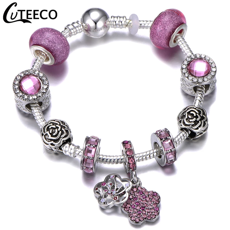AJ3193 CUTEECO 925, модный серебряный браслет с шармами, браслет для женщин, Хрустальный цветок, сказочный шарик, подходит для брендовых браслетов, ювелирные изделия, браслеты - Окраска металла: AJ3193