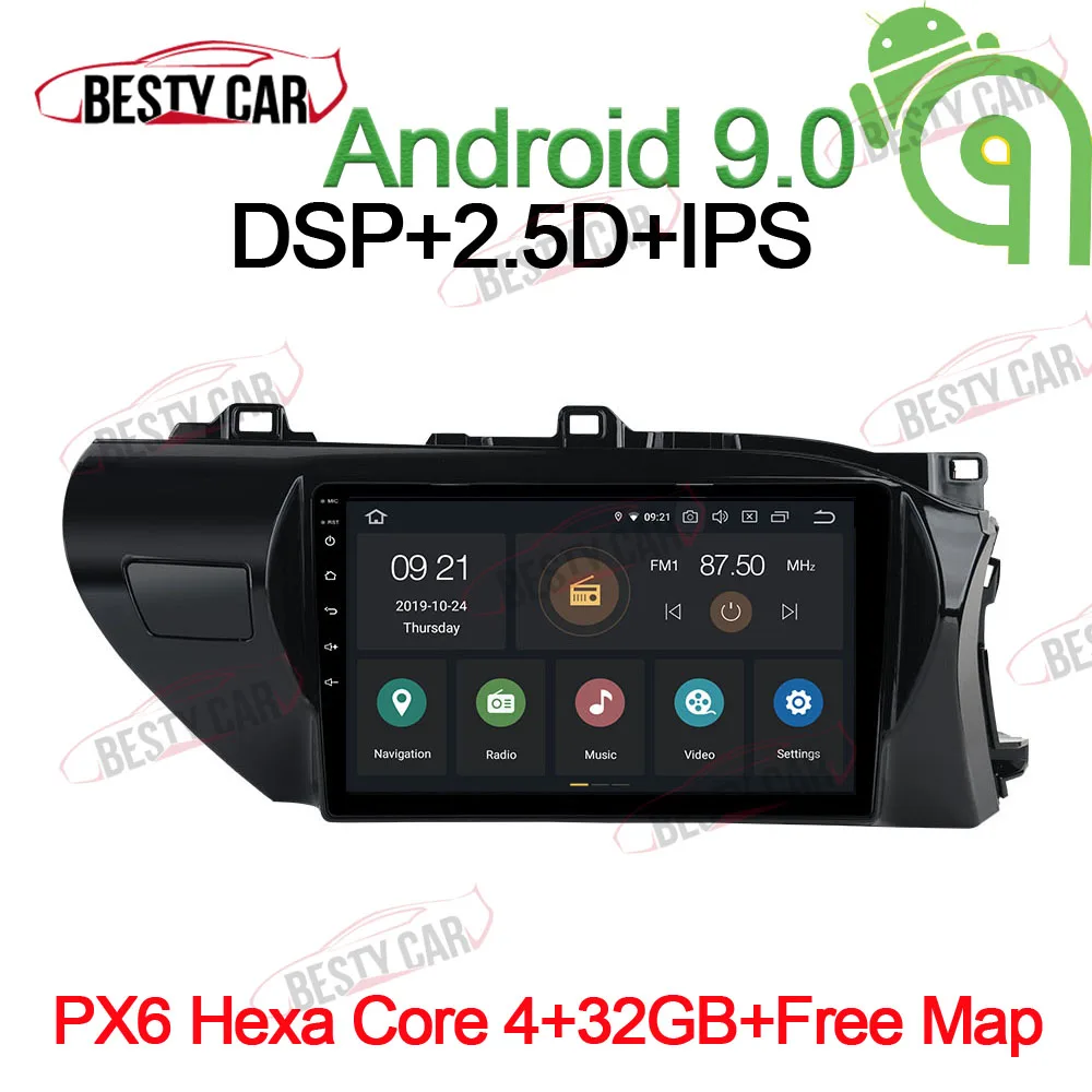PX6-4-32GB-CarPlay 10.1" Android 9.0 Car Multimedia Player Radio Stereo for Toyota Hilux RHD GPS Navigation Bluetooth WIFI MP3 DSP - Цвет: PX6-4-32GB-CarPlay
