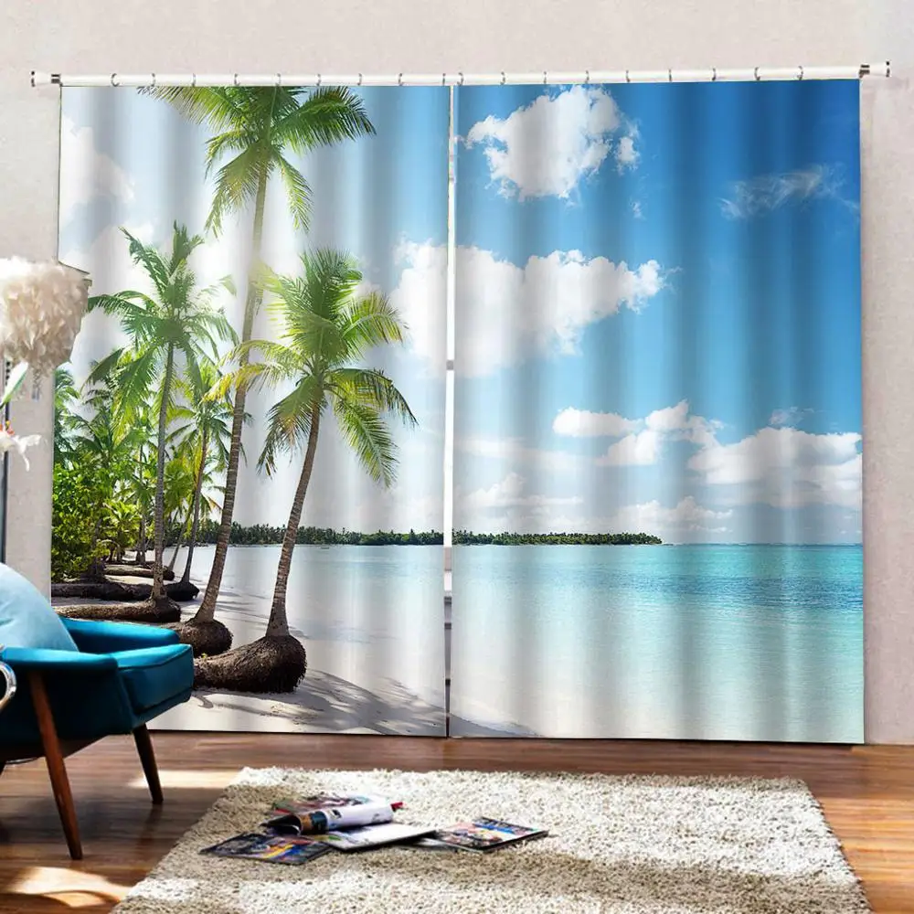Beach curtains Seaside green tree curtains 3D Curtain Luxury Blackout Window Curtain Living Room blac