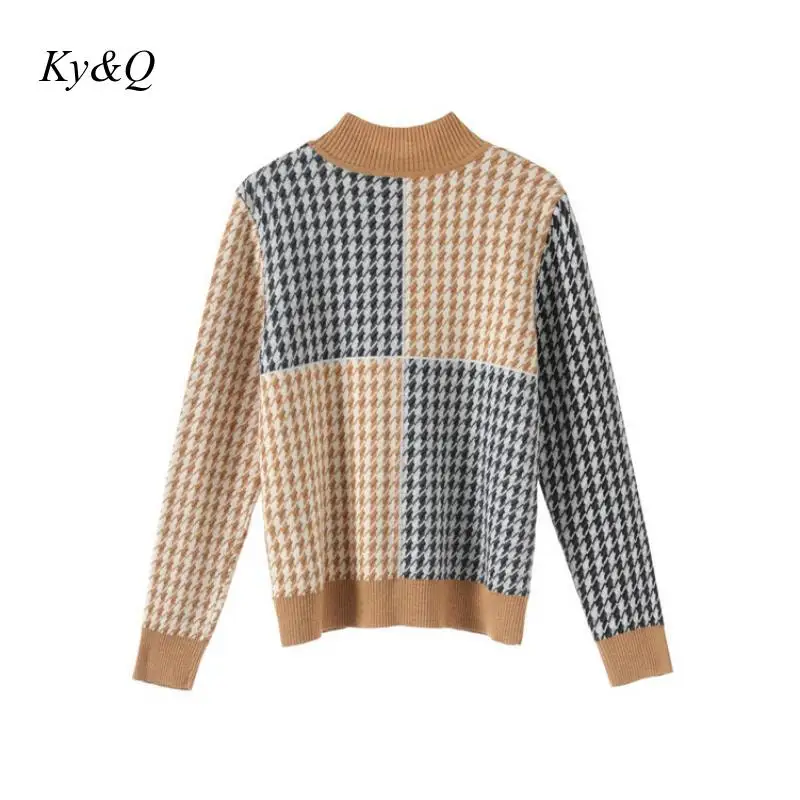 

2019 Autumn Yellow Spell Black Thousand Bird Plaid Pattern Color Matching Round Neck Long Sleeve Pullover Sweater Women Clothing