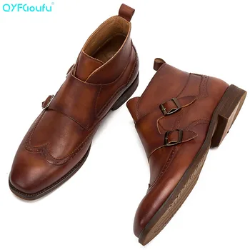 

QYFCIOUFU 2019 Botas Double Monk Strap Handmade Fashion Office Genuine Cow Leather Original Design Men Casual Outdoor Boots