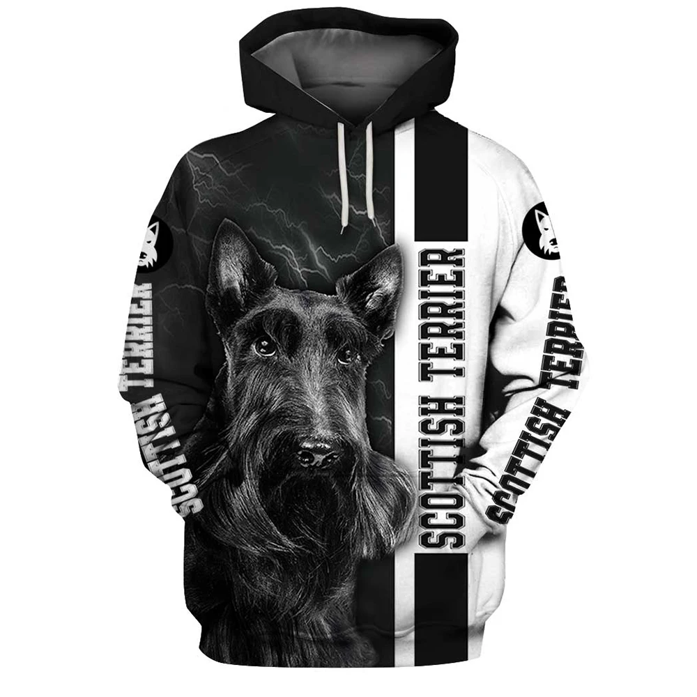 

HX Scottish Terrier Hoodies Animal 3D Graphic Black Sky Lightning Dogs Pullovers Splicing Casual Sweatshirts Streetwear