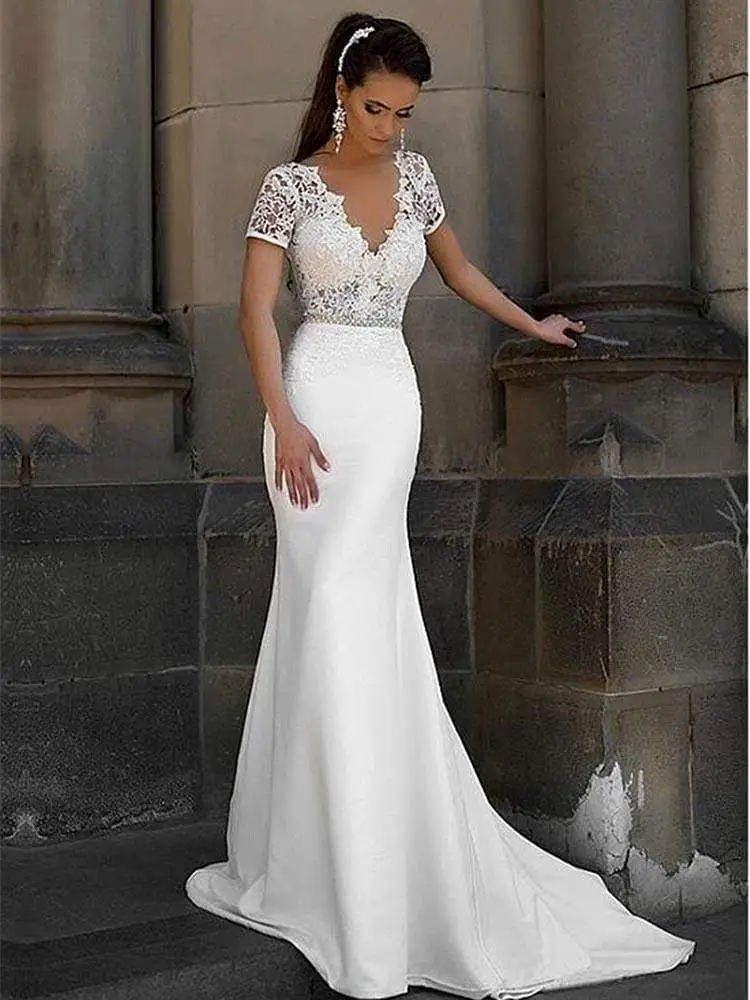 Vestido De Noiva Sereia сексуальное кружевное свадебное платье с v-образным вырезом и коротким рукавом, свадебное платье с поясом из бисера