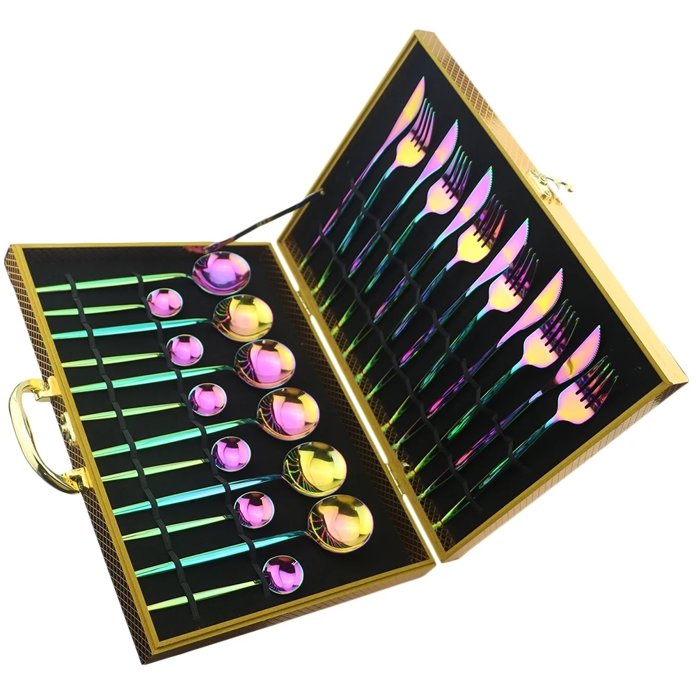 

24Pcs 304 Stainless Steel Dinnerware Set Rainbow Tableware Set Fork Knife Spoon Teaspoon Cutlery Set With Gift Box Silverware