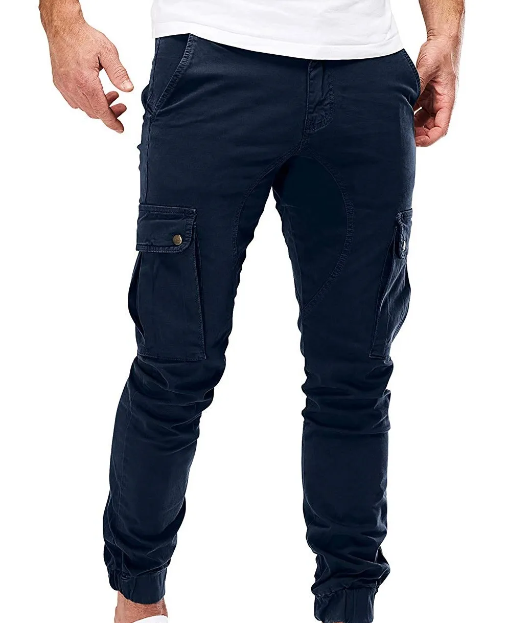 navy blue Мужские брюки карго в стиле милитари, осень, повседневные обтягивающие камуфляжные штаны с карманами, спортивные штаны, трендовая спортивная одежда, длинные брюки - Цвет: navy blue