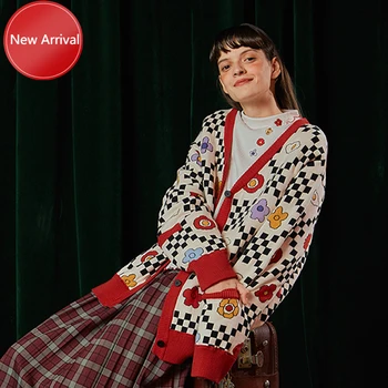 

Cardigan Women Loose Knit Cardigan Coat V Neck Thick Playful Pattern Ladies Sweater Coats Cardigan Jumper Winter Spring