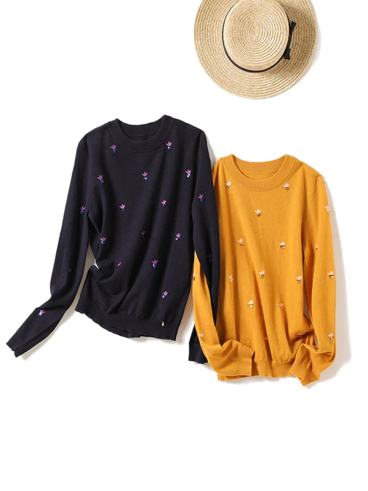 

Wool 100% Sequin Embroidery Knitting Long Sleeve Thin Sweater - 2019ss Yellow/Green/Navy Blue Knitted Pullover Top