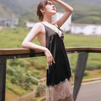 

Sexy Temptation Silk Sexy Lingerie Female Sling V-neck Adjustable Hollow Lace Backless Dress Nightdress Women Sleepwear