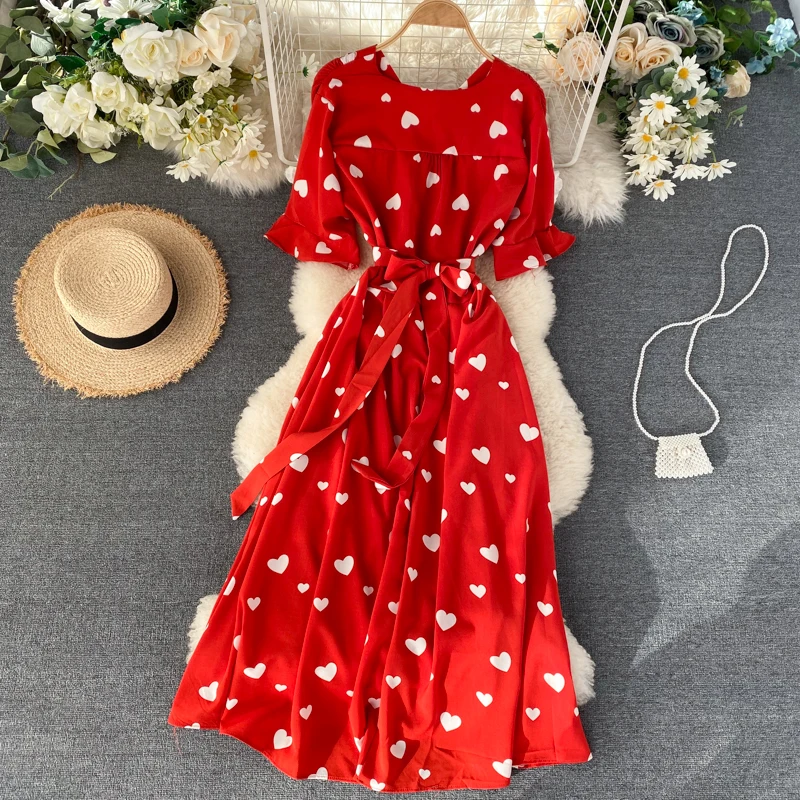 SINGRAIN Women Long Print Dress Summer Holiday French Korean Romantic Beach Dress Short Sleeve Clubwear Bohemian Floral Sundress