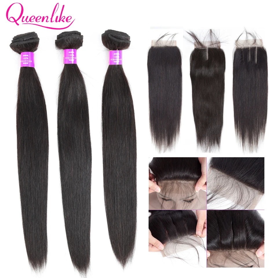 

Queenlike Peruvian Hair Bundles With Closure Non Remy Weft 100% Human Hair 3 / 4 Bundles Straight Hair Bundles With Closure