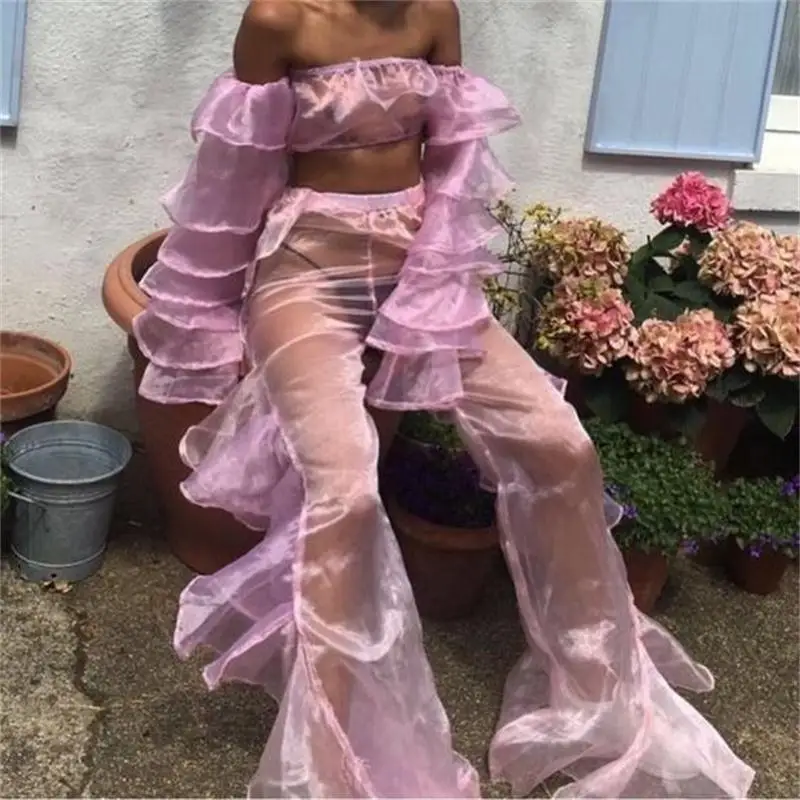 

Pink Purple Long Women Pants Women Elegant High Waist Organza See Through Pants Un pantalon Girls High Street Wear trousers