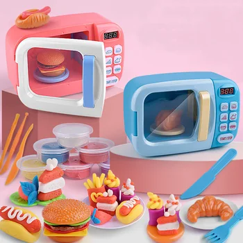 

Children Pretend Play Toys Electric Home Appliances Simulation Microwave Oven with Light Rotate Playset for Kids
