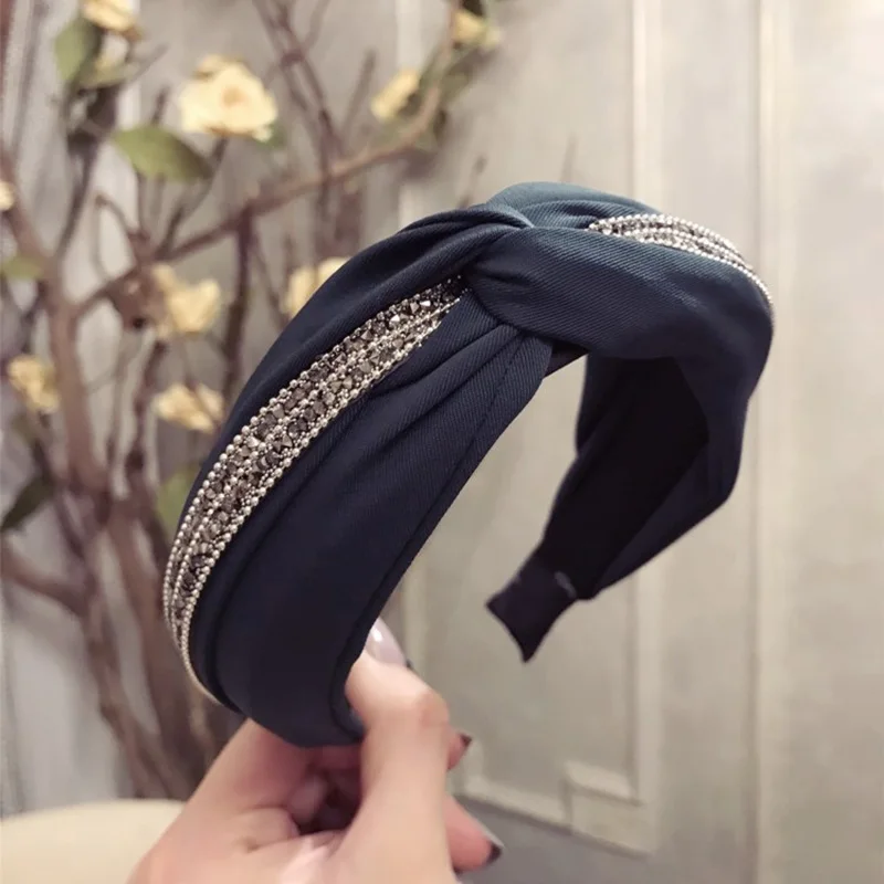 B0240 navy Модные Шелковые Кристальные блестящие резинки для волос для женщин, заколки для волос, стразы, тюрбан, повязка на голову для девочек, аксессуары Hari, корона, повязка на голову - Цвет: B0240 navy