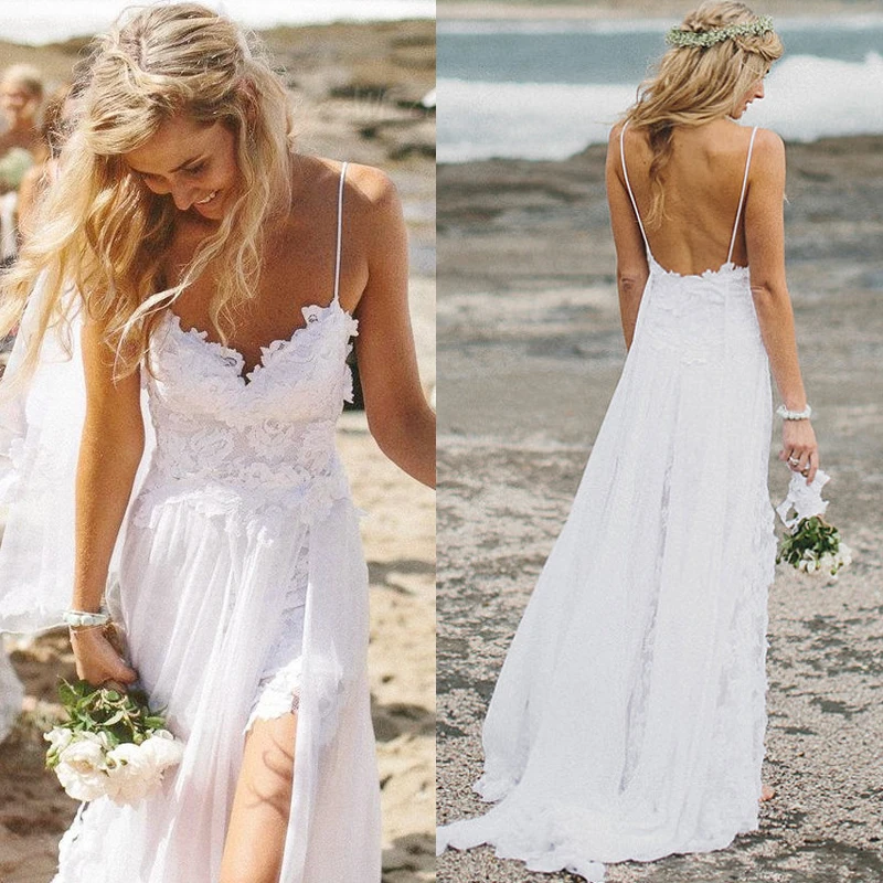 

vestido de noiva sweetheart Sexy backless beach Wedding Dress White lace chiffon cheap 2015 appliques Vintage Bridal Gowns