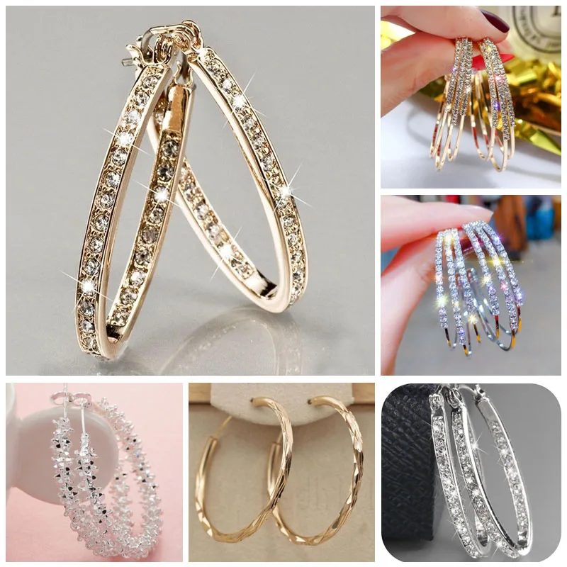 

Fashion Circle Rhinestone Hoop Earrings For Women Big Silver/Gold Color Round Loop Earring Statement Jewelry Brincos Z4N949