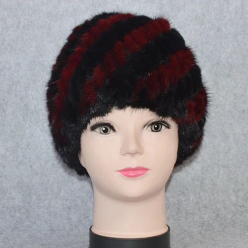 black and wine red Cotton Lining Winter Lovely Real Mink Fur Hat Women Good Elastic Knitted Real Natural Mink Fur Beanies Caps Real Mink Fur Cap - Цвет: black and wine red