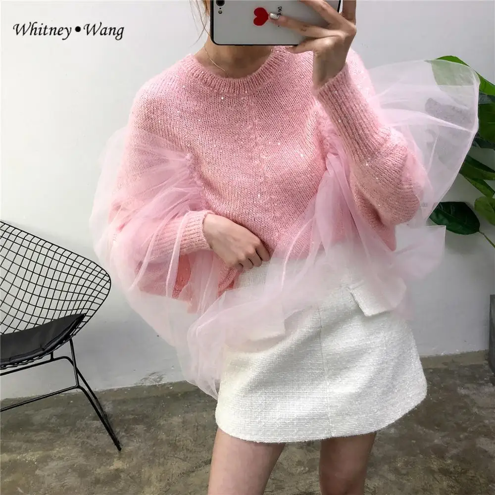WHITNEY WANG мода уличная сетка лоскутное блестки мерцающий свитер женский джемпер Pull femme sueter mujer invierno