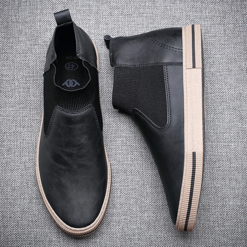 

2021 Autumn New Slip On Boots Men High-Top All-match Casual Loafers Korean Fashion Men Pu Leather Vulcanized Wear-Resistant Shoe